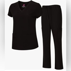 Natural Uniforms Cool Stretch V-Neck Top & Cargo Pant Scrub Set Black Small NWT